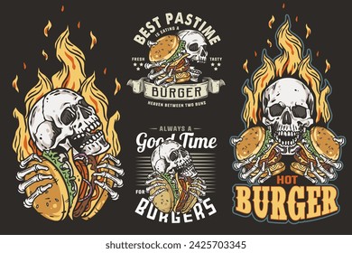 Burger vector set with burning skeleton with burgers in hands. Skull, fire and bones for logo, emblem, print of American food. Hamburger collection for restaurant or cafe.