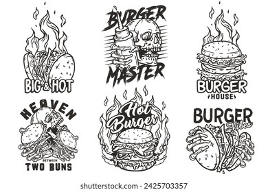 Burger vector set with burning skeleton with burgers in hands. Skull, fire and bones for logo, emblem, print of American food. Hamburger collection for restaurant or cafe.