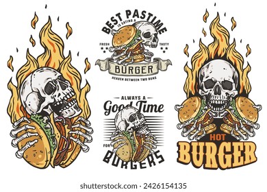 Burger vector set with burning skeleton with burgers in hands. Skull, fire and bones for logo, emblem, print of American food. Hamburger collection for restaurant or cafe.