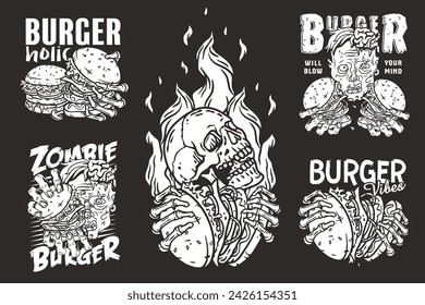 Burger vector set with burning skeleton with burgers in hands and zombie. Skull, fire and bones for logo, emblem, print of American food. Hamburger collection for restaurant or cafe.