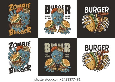 Burger vector set with zombie with burgers in hands for logo, emblem, print of American food. Zombie hamburger collection for restaurant or cafe.