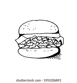 Burger vector sketch, food illustration isolated on white background