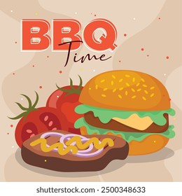 Burger and vegetables BBQ poster Vector illustration
