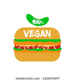 Burger with vegetables, tomato, salad, cheese and cucumber. Vector concept vegan flat illustration. Lettering 100% vegan. Fast food icon, logo.