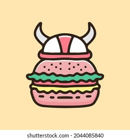 burger with viking helmet cartoon, illustration for stickers and t shirt.