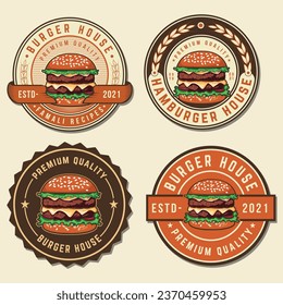  Burger vintage badge fast food logo set. Bistro, snack bar, street restaurant, diner icons.