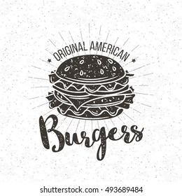 Burger vintage label. Vector badge burger and lettering for restaurants and fast food cafe posters and banners