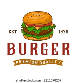 burger vintage logo. hand drawn burger design with cheese, meat, salad isolated on white background. for fast food packaging and restaurant menus.