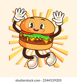 BURGER VINTAGE MASCOT CHARACTER ILLUSTRATION WAVE HANDS