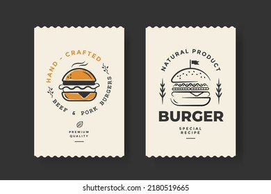 Plantilla de etiqueta de producto vintage de hamburguesas con hamburguesas estilizadas. Emblema de Cheeseburger para el diseño de empaquetado de productos. Sello para el restaurante de diseño de menú o cafetería. Logo o icono de comida rápida. Vector