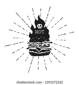Burger Vintage Star Rays Hand Drawn Fast Food Logo. Vector illustration