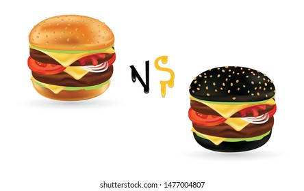 Burger vs Black burger. Vector illustration in 3d style. Grocery delivery concept