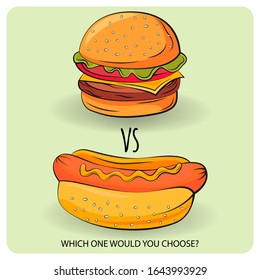 Burger vs Hamburger.  Flat vector illustration. Vibrant color. Web banner.  Template