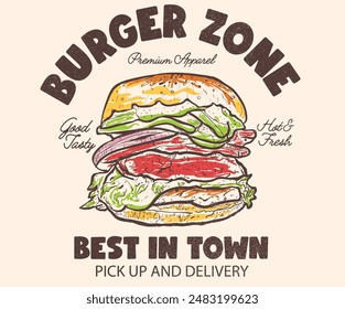 Burger water color design for t shirt. Hand drawn burger for design t shirt, poster, holiday card, brochures, menu cafe, . Crispy and delicious fast food artwork.