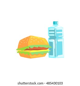 Burger And Water Lunch Set Items Cool Colorful Vector Illustration