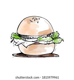 Burger watercolor drawing sketch on white background. Hand drawn sandwich. 