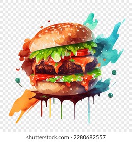 Burger watercolor fast food illustration. Gourmet hamburger bread buns with meat, sauce, tomato and lettuce. Watercolour vector drawing with dynamic color splashes isolated on transparent background