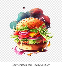 Burger watercolor illustration, isolated vector fast food hamburger or cheeseburger with meat, onion, tomatoes, cheese, lettuce. Watercolour hand drawn painting of burger with dynamic color splashes