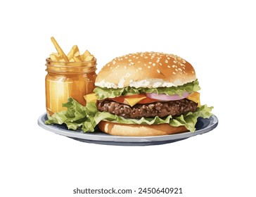 Burger watercolor style. Isolated vector illustration