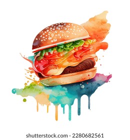 Burger watercolor vector fast food hamburger or beef burger with meat, tomatoes and lettuce. Watercolour isolated hand drawn painting with dynamic color splashes or dripping for restaurant menu