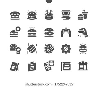 Iconos sólidos de vectores de Pixel Perfecto de Burger, bien diseñados, 30 Cuadrícula 2x para gráficos y aplicaciones web. Pictograma mínimo simple