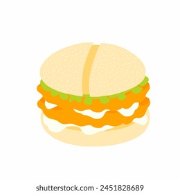 Burger with wheat bun, double chicken cutlets with sauce and fresh lettuce leaf icon in cartoon flat style. Vector illustration isolated on white background. For menu, poster, infographic, restaurant. svg