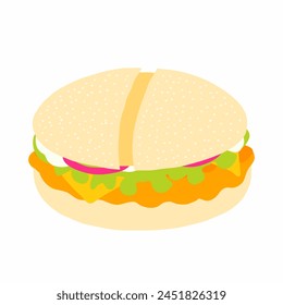 Burger with wheat panini bun, chicken cutlet, cheese, salad, onion and sauce icon in cartoon flat style. Vector illustration isolated on white background. For menu, poster, infographic, restaurant. svg