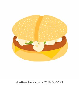 Burger with wheat panini bun, sauce, slices of cucumber, cheese and mushrooms icon in cartoon flat style.Vector illustration isolated on white background. For menu, poster, infographic.