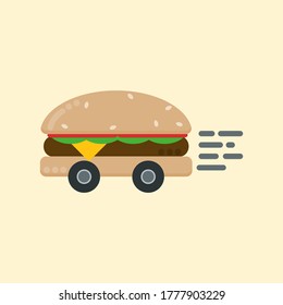 Burger with wheel, burger delivery concept, fast food delivery