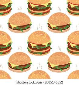 Burger. Fondo blanco. Dibujo de color en el estilo plano. Patrón sin foco.