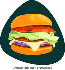 Burger with white flour buns, tomatoes, sliced red pepper, onions, salad, meat cutlet and cheese. Fast food. Tasty snack. On dark background