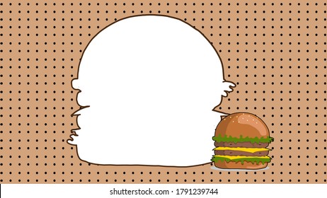 burger white white text box and brown dot background, vector illustration