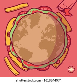 Burger with world map vector illustration. Food, travel, food of the world design concept