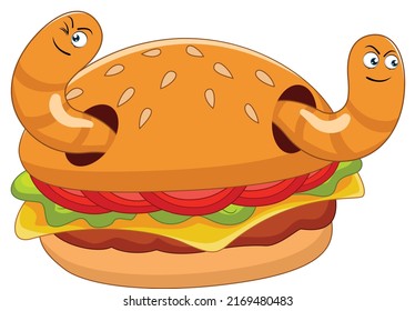 Burger and worm cartoon vector art and illustration