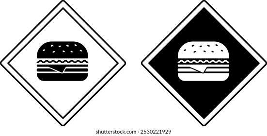 Señales de zona de hamburguesas. Iconos de vector blanco y negro. Señal de tráfico humorística. Advertencia de comida chatarra, peligro de comer en exceso
