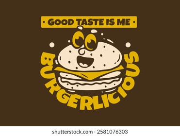 Burgerlicious. Burger illustration with face illustration design in cartoon style. Dark brown background