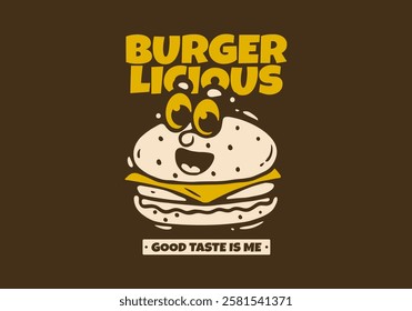 Burgerlicious. Burger illustration with face illustration design in cartoon style. on dark background