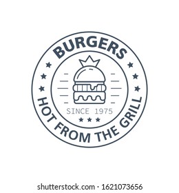 Burgers badge design isolated on white background. Black and white line art illustration. Fast food restaurant emblem design