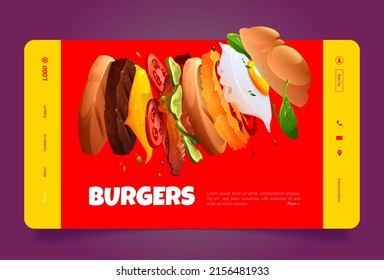 Burgers banner, fast food restaurant or cafe website. Vector landing page of fastfood promotion with cartoon illustration of flying hamburger with buns, grill patty, cheese, tomato and egg