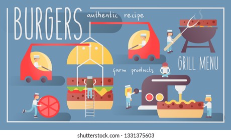Burgers Banner Web Page Template for Restaurant American Fast Food. Vector Illustration. Great delicious sandwich. Concept for Making, Baking, Sales Hamburgers.  
