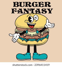 Diseño de personajes de hamburguesas con fantasía de eslogan Burger