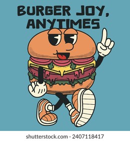 Burgers Character Design With Slogan Burger joy, anytimes