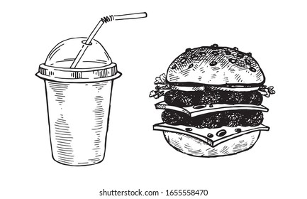 Burgers and cola, set of vector images. Vector graphics for labels, menus, packaging design, advertising, interior designs and food service signage