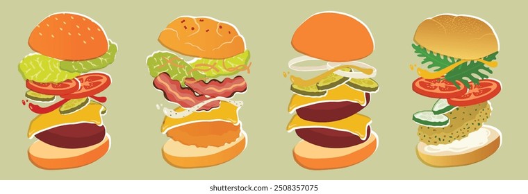 BURGERS collection. Vector-based, for print and digital. MIX and MATCH ingredients.