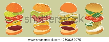 BURGERS collection. Vector-based, for print and digital. MIX and MATCH ingredients.