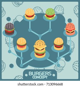 Burgers color isometric concept icons
