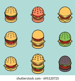 Burgers color outline isometric icons
