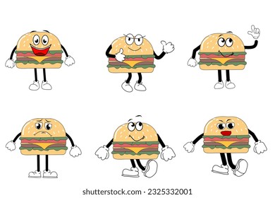Burgers. cute Food characters set isolated on white background. Vector illustration