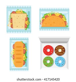 Burgers and donuts flat cartoon illustration set