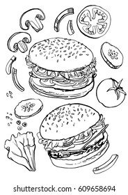 Burgers drawn by a line on a white background. Sketch of fast food with ink. Tomatoes, onions, lettuce, mushrooms, cucumber. Vegetarian burger.